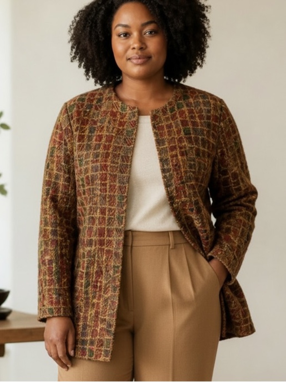 90s BROWNSTONE STUDI0 TWEED BLAZER W WINDOW PANE WEAVE COLLARLESS PLUS SZ 22W